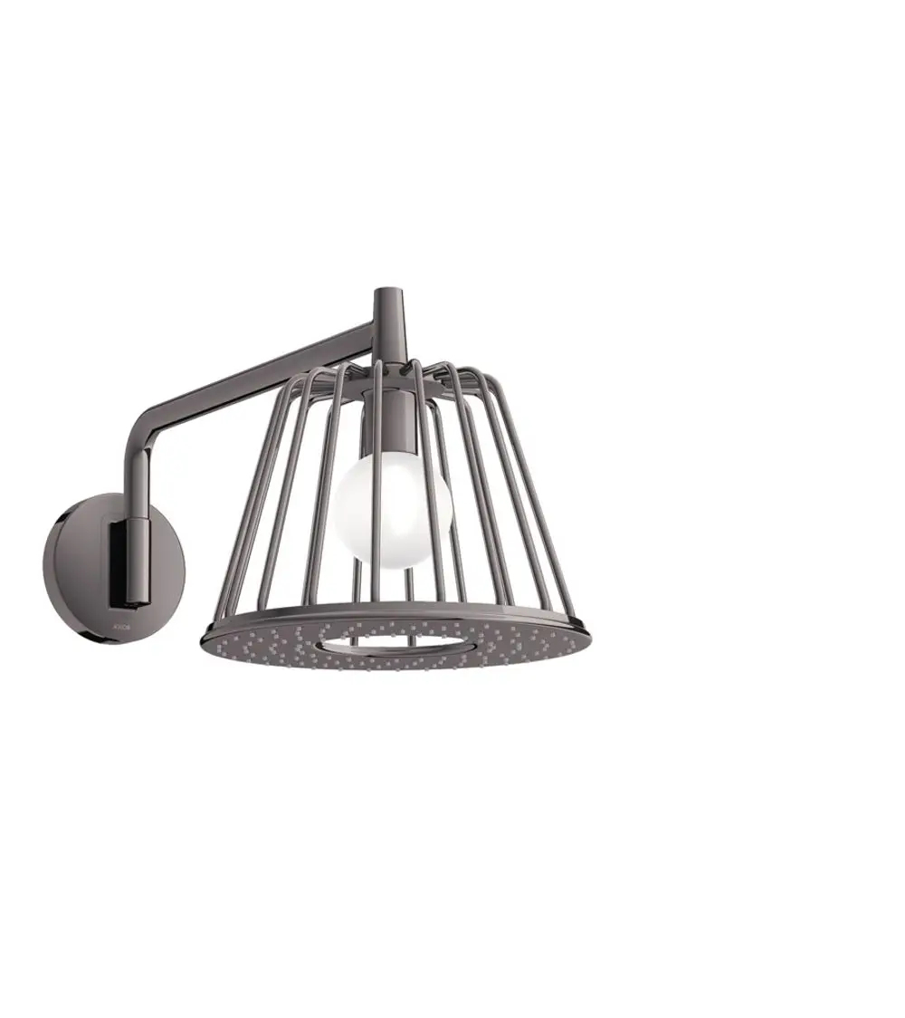 Wandlampe in Polished Black Chrome mit Gitterdesign und einer runden, weißen Glühbirne, von der Marke AXOR. Montiert an einer runden Wandbasis.